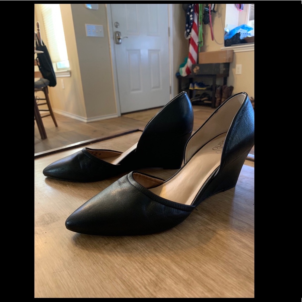 Franco Sarto Black Leather Fenway Wedges, size 12